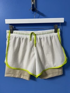 Nike Dri-Fit Tempo Girls 2-In-1 Training Shorts White/Beige Neon Green Accents L - Picture 1 of 9
