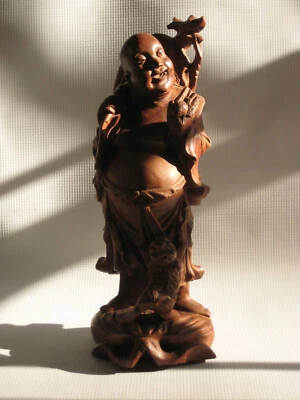 Vintage Chinese Lohan Deity with Bat & Foo Dog Carved Wood Sculpture – 12” High - Image 1 of 4