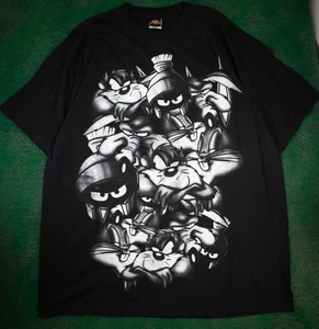 Años 90 Y2K Looney Tunes Gang Marvin the Martian Bugs Bunny Taz Negro Blanco AOP XL - Imagen 1 de 6