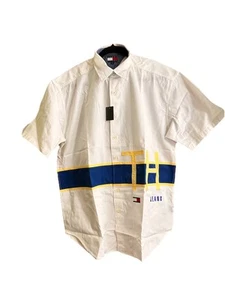 Tommy Hilfiger Vintage Men’s Short Sleeve Dress Shirt Yellow Stripe TH Size Med - Picture 1 of 3