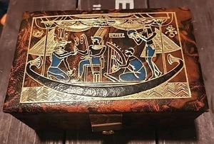 Egyptian Harp Pharaoh Brown Leather Jewelry Box Red Velvet Lined 6.5" X 4.5" - Picture 1 of 18