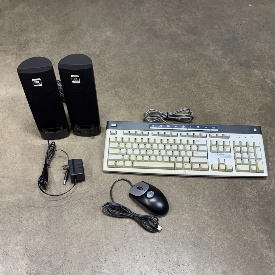 HP 5183 Keyboard JBL SP08A11 Speakers Logitech M-BJ58 Mouse Lot Tested Working - Image 1 of 4