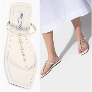 NWT JIMMY CHOO Alaina White Faux Pearl Embellished Thong Flat Sandals Size EU37 - Picture 1 of 9
