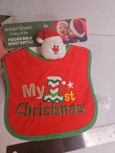 My First Christmas Santa Bib-Wrist Rattle By Tender Kisses Red, Green - Picture 1 of 5