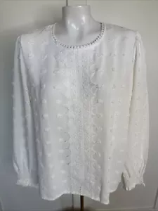 Womens Size L White Long Sleeve Lace Tunic Blouse Puff Sleeve Polyester - Picture 1 of 6
