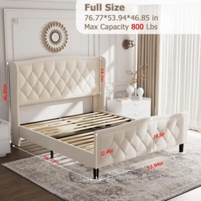 Full/Queen Size Bed Frame w/Wingback Headboard Upholstered Platform Bed Frame US - Image 1 of 4