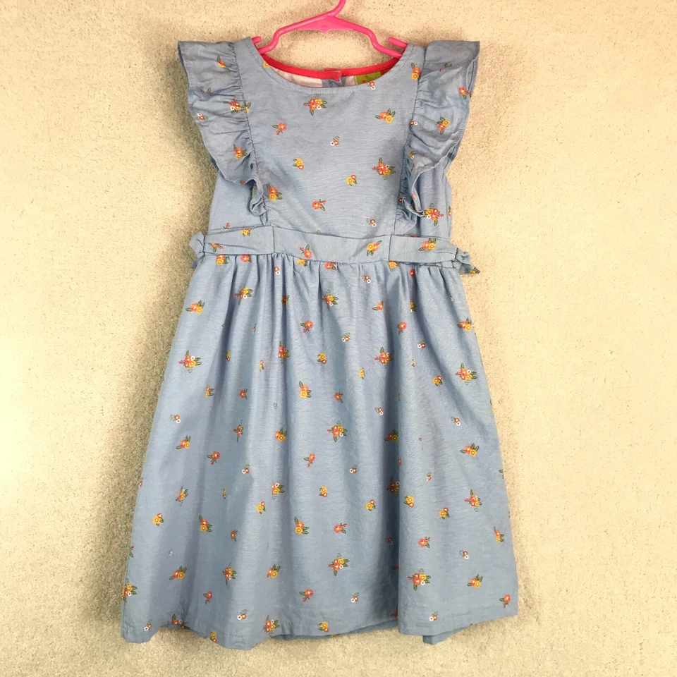 Vestido Penelope Mack Niñas Talla 6 Azul Denim Floral Volantes Sin Mangas  Foto 1 de 4