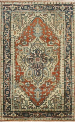 Orange/ Navy Blue Geometric Heriz Serapi Indian 3x5 Rug Hand-knotted Wool Carpet - Image 1 of 4