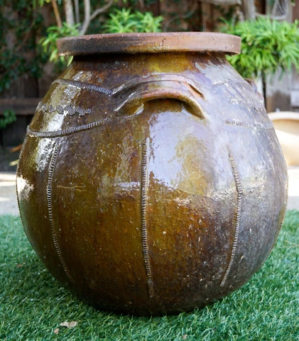 French Antique Jumbo Brown Earthenware Glazed Garden Pot with three Handles Cover