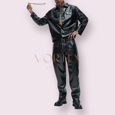 Gay Men's Black Leather Shirt Genuine Lambskin Leather Shirt LGBT Style Shirt - Image 1 of 3