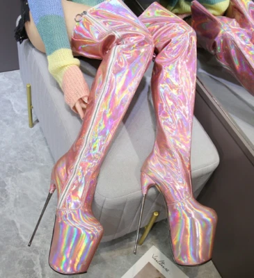 Womens Patent Leather Over The Knee Boots Platform Shiny High Stiletto Heel Sexy - Image 1 of 4