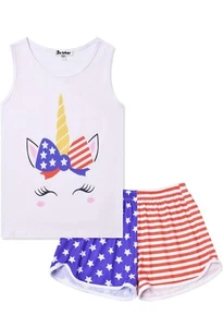 JXStar American Flag Unicorn Girl PJ Set. Sleeveless. Shorts. 6-7Y - Picture 1 of 9