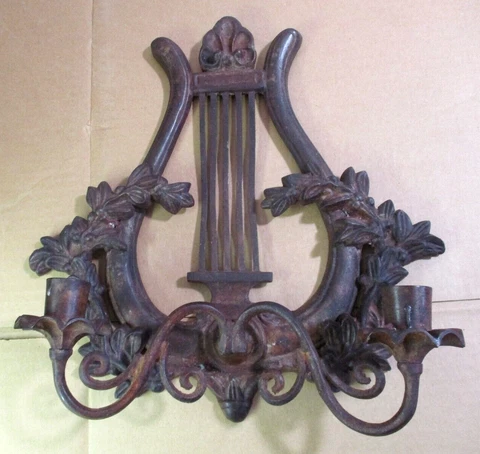 Candle Wall Sconce 2 Arm Lyre Harp w/ Laurel Red Hued Cast Iron 1900s Antique Cover