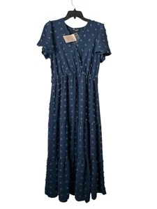 Blue Maxi Flutted Sleeves Summer Belted Flowy Medium Dress - Picture 1 of 9