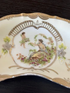Antique 1890-1910 Porcelain Enameled/Gold Trim Cupid & Lady Vignette Bone Dish - Picture 1 of 3