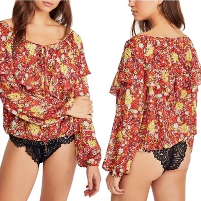 Intimately Free People XS Say It To Me Floral Bodysuit Ruffles Lace Boho Orange - Image 1 of 4