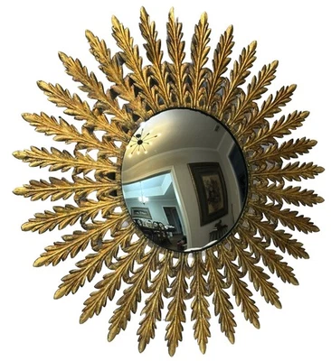 Espejo convexo de pared vintage grande Y2K años 90 Sunburst tono dorado metal pintado Foto 1 de 4
