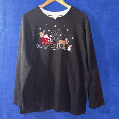 Moletom de Natal veado branco XL Papai Noel preto bordado lantejoulas feriado - Imagem 1 de 4