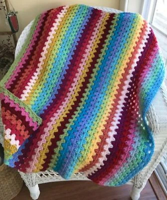 CROCHET baby GRANNY STRIPE blanket afghan lapghan Handmade multicolor 32" x 39" - Image 1 of 4
