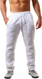 Casual Linen Elastic Waist Straight-Leg Mens Pants - Picture 1 of 12