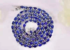 20ct Oval Lab Created Blue SapphireWomens Tennis Necklace 14K Wh Gold Plated 18" - Picture 1 of 3