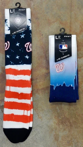 Washington Nationals 2 Pack Pair MLB Socks Crew Large Logo USA Flag Skyline Sky Cover