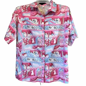 Romwe Botón Manga Corta Anime Japonés Rosa Azul Ligero Grande Y2K Único - Imagen 1 de 8
