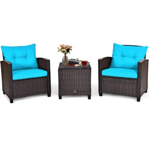 3PCS Patio Rattan Furniture Set Cushioned Conversation Set Sofa Turquoise - Picture 1 of 12