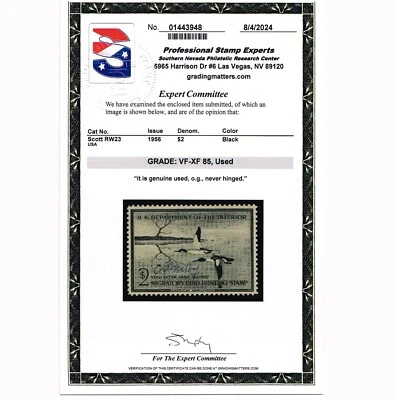 EXCELLENT GENUINE SCOTT #RW23 MINT PRISTINE OG NH PSE CERT GRADED VF-XF 85 - Image 1 of 3