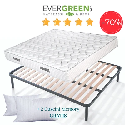 EVERGREENWEB KIT Materasso Antiacaro 20cm, Rete in Ferro a Doghe e Cuscini Memory Foam GRATIS