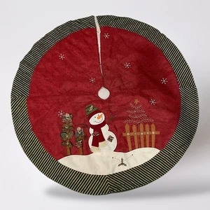Vintage Christmas Tree Skirt 45" Red Green Striped Snowman Winter Holiday Decor - Picture 1 of 13