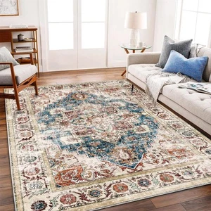 Washable Vintage Area Rug 6'x9' Boho Beige Blue Chic Medallion Distressed Des... - Picture 1 of 5