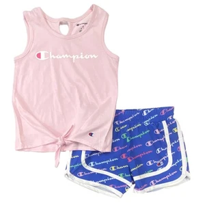 Champion Girls 2PC Outfit Pink Front Knot Tank Top Shirt & Shorts Set - Picture 1 of 1