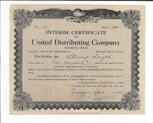 TEXAS 1921 United Distributing Company Stock Certificate Houston Oil? #21 - Picture 1 of 2