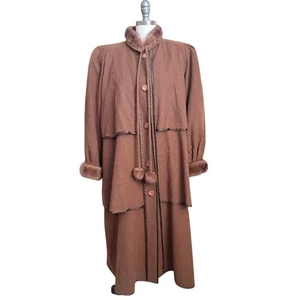 Louis Feraud Paris Wool Fur Trim Coat Brown Vintage Long Capelet Style Medium - Picture 1 of 8