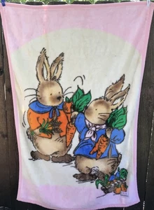 Vintage Meiya Baby Kids Acrylic Warm Blanket Bunny Rabbit Carrot Basket Japanese - Picture 1 of 9