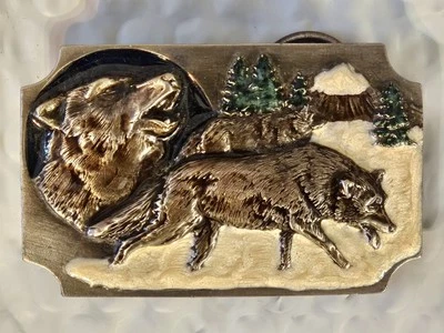 Wolves Belt Buckle Scalloped Rectangle 1991 by Arroyo Grande 3.25"L x 2"W U.S.A. - Image 1 of 2