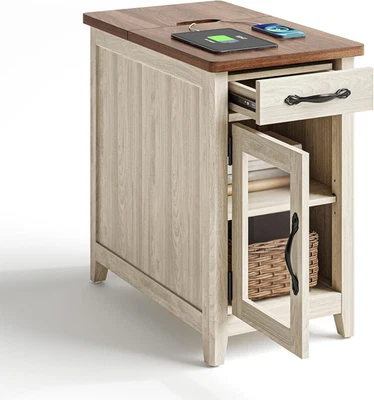 Farmhouse End Table with Charging Station, Narrow Side Table for Living Room, So - Image 1 of 4