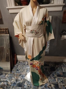 Vintage 50er-60er Jahre Seidenkimono mit Ume & Pfingstrose und farblich abgestimmtem Obi - Bild 1 von 17