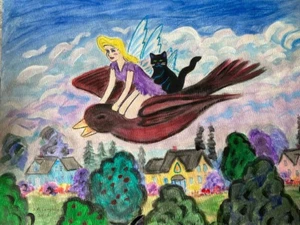 ORIGINAL FOLK ART: Pixie, Black Cat on a Robin at Treetop High, DM Laughlin - Picture 1 of 1