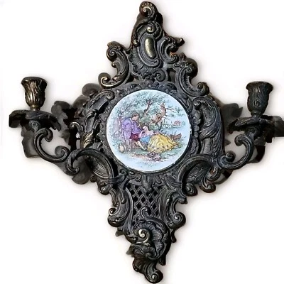 Aplique vela pared 2 brazos bronce fundido Antq, placa porcelana Limoges victoriana Foto 1 de 4