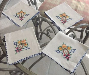 Vintage Embroidered Napkins Set Of 4 Clean Vibrant Multi Color - Picture 1 of 12