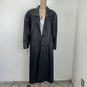 Vintage 90s Women Comint Black Leather Longline Trench Coat Medium Oversized - Picture 1 of 14