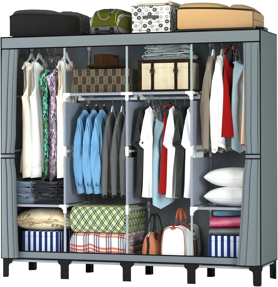 Kleiderschrank Stoffschrank mit 2 stabilen Kleiderstangen 170x45x175cm Grau C206 - Bild 1 von 4