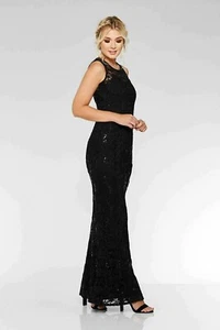 QUIZ Size 16-18 Stretchy Lace Black Sequin Maxi Long Evening Party Dress Gown - Picture 1 of 7