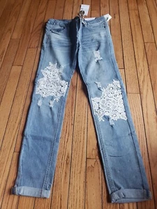 NWT Girls V Gold Denim Jeans Size 16 Distressed Applique Embellished Pearls - Picture 1 of 2