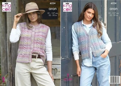 King Cole Aran Knitting Pattern - 6224 Ladies Round & V Neck Waistcoats