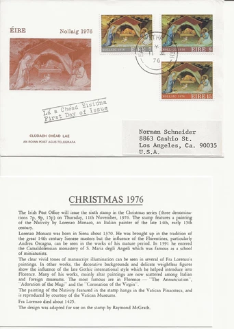 1976 - IRELAND - "CHRISTMAS" - 1 FIRST DAY COVER Cover