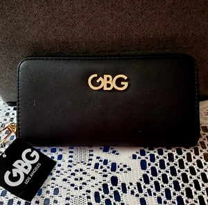 NUEVO G by GUESS GBG Saffiano cuero dorado LOGOTIPO Negro embrague cremallera billetera - Imagen 1 de 7