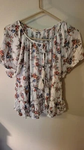 Rewind XL Womens Top Tie Neck Tassel Floral Beige Ruffle Bottom 27 L 25 Across F - Picture 1 of 24